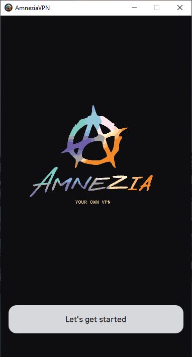 Первое окно Amnezia с кнопкой Let's get started